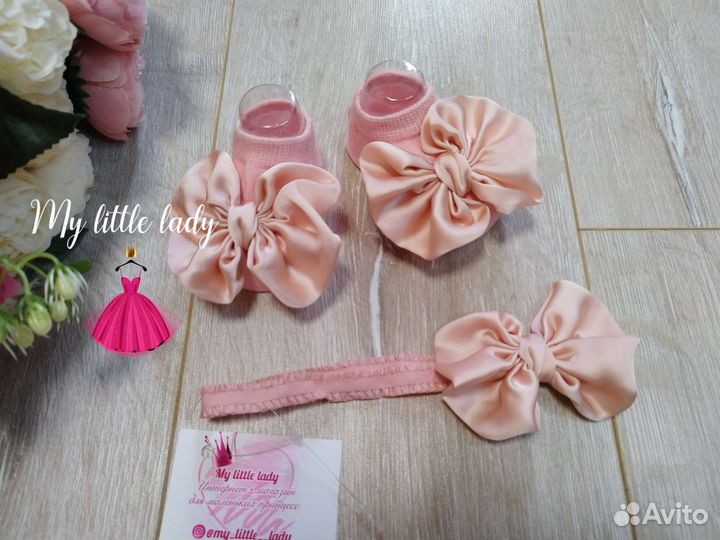 Комплект пинетки и повязка для девочки новый