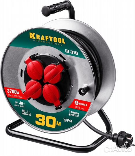 Силовой удлинитель на катушке kraftool, 3х1.5 30м