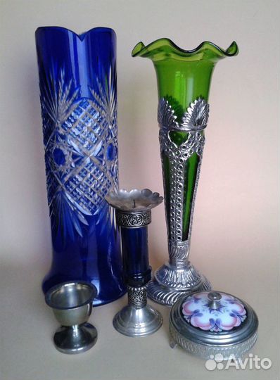Подсвечник, ваза зеленое стекло, шкатулки эмаль