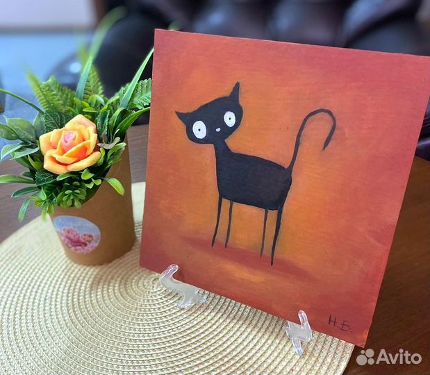 Картина маслом кот с добрыми глазами 20х20 с подст