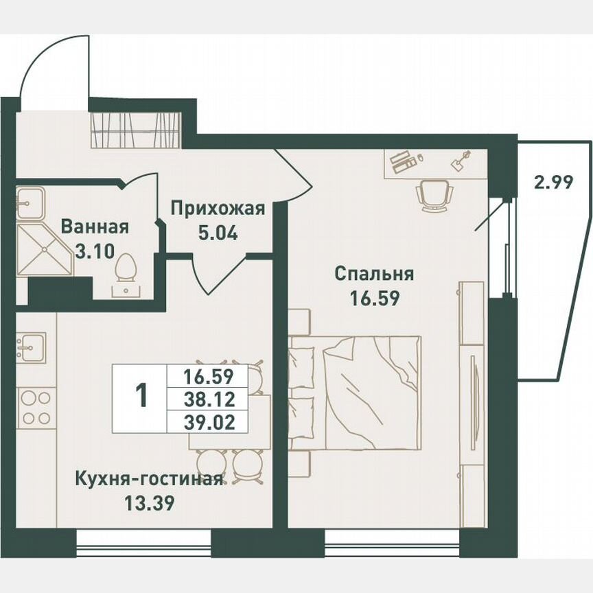 1-к. квартира, 39 м², 12/16 эт.