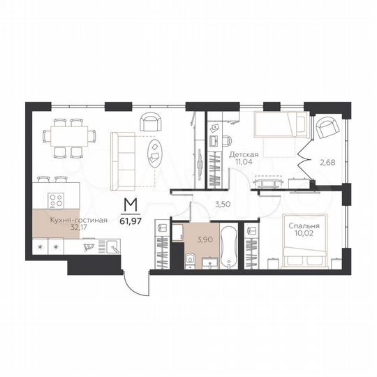 2-к. квартира, 62 м², 1/5 эт.