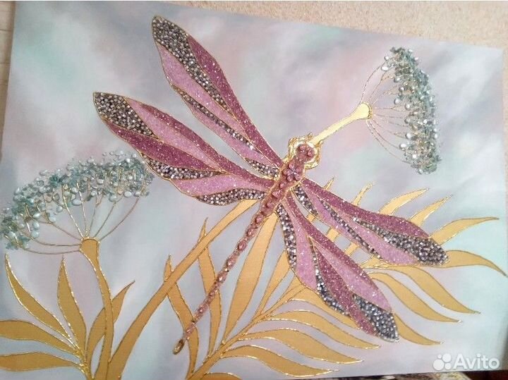 Картина на холсте текстурная стрекоза с золотом