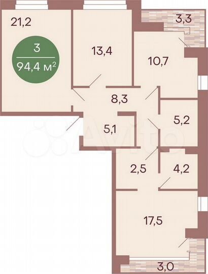 3-к. квартира, 94,8 м², 3/17 эт.