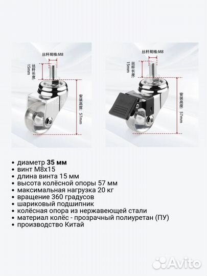 Колесо мебельное 35 мм винт М8 прозрачное