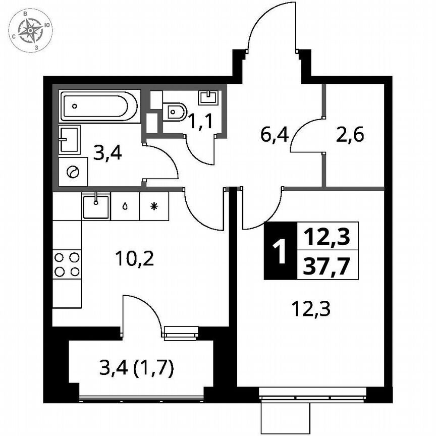 1-к. квартира, 37,7 м², 12/12 эт.