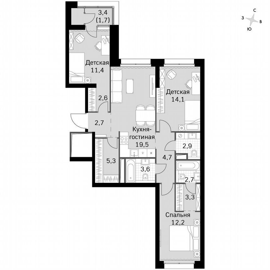 3-к. квартира, 87,5 м², 2/2 эт.
