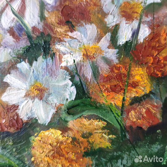 Ромашки, картина полевые цветы. Масло 18х24 в раме