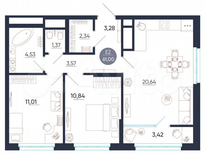 2-к. квартира, 61 м², 12/25 эт.