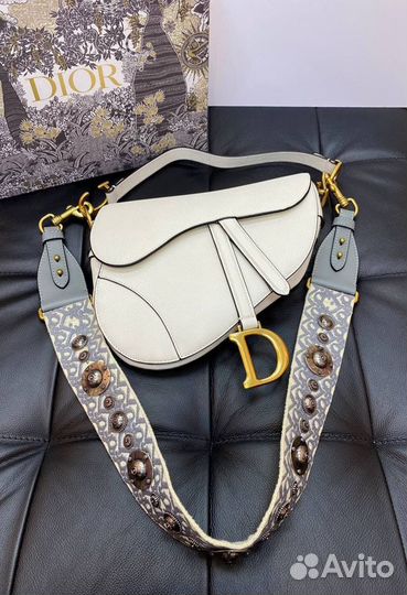 Женская сумка C. Dior Saddle белая кожа Премиум