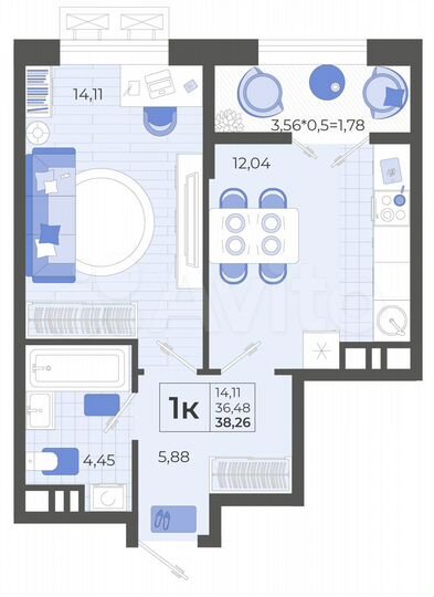 1-к. квартира, 38,3 м², 6/12 эт.