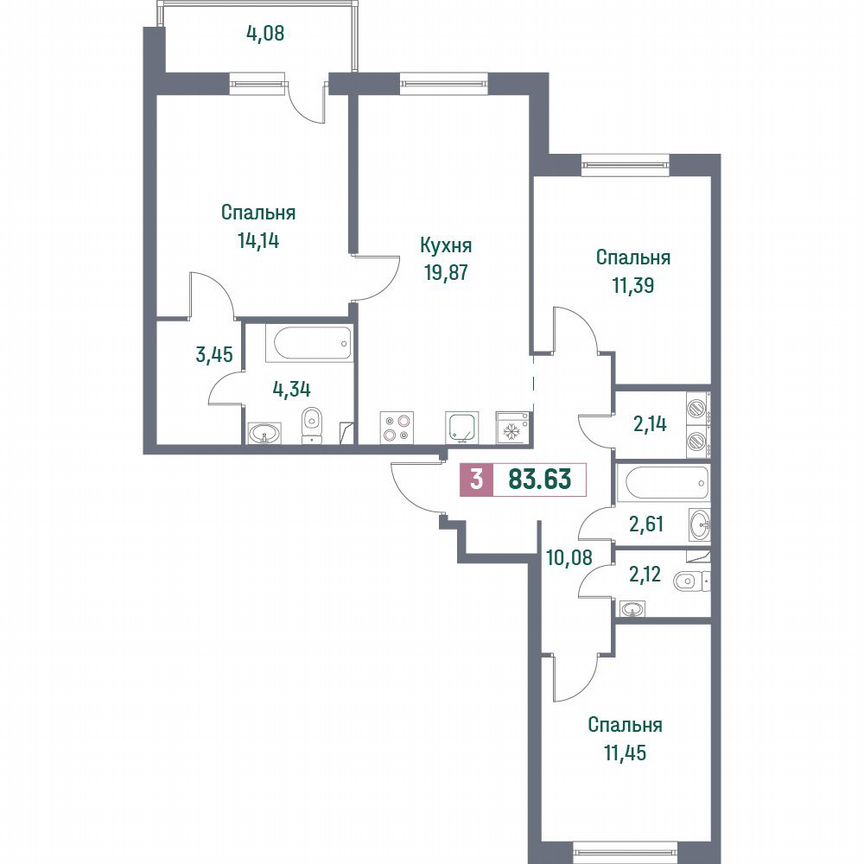3-к. квартира, 83,6 м², 2/16 эт.