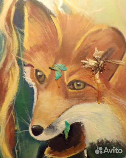 Картина маслом на холсте осенний пейзаж с лисой