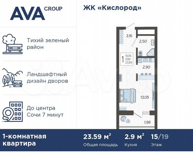 Квартира-студия, 23,6 м², 15/19 эт.