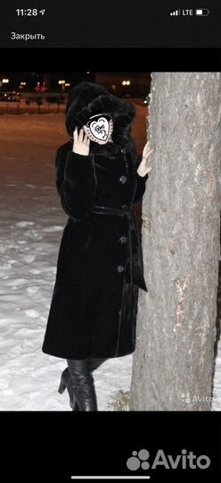 Шубка мутон, капюшон отделка норка