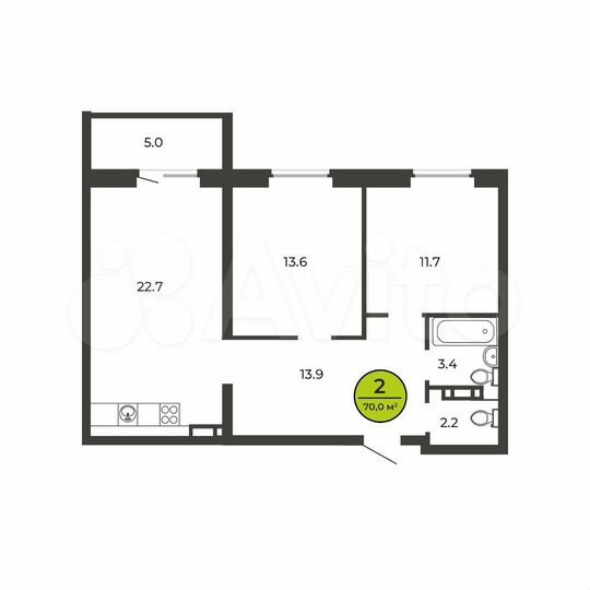 2-к. квартира, 70 м², 5/9 эт.