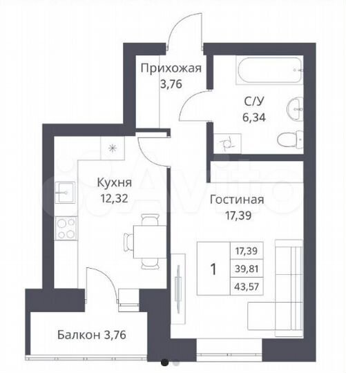 1-к. квартира, 43,6 м², 2/18 эт.