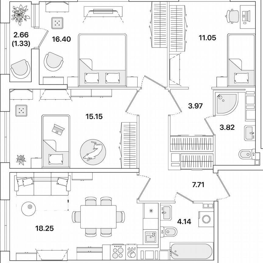 3-к. квартира, 81,8 м², 12/12 эт.