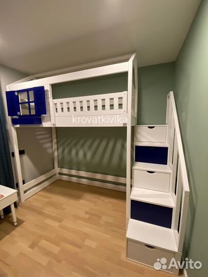 Детская Эко кровать чердак домик лестница комод