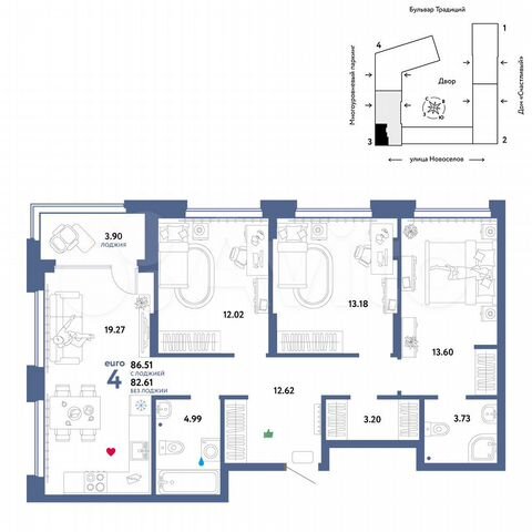 4-к. квартира, 86,5 м², 2/16 эт.