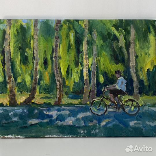 Картина маслом на холсте Велосипедист Лето березы