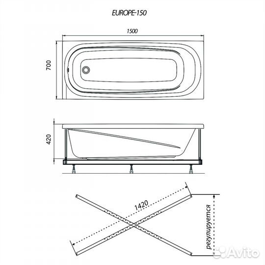 Ванна акриловая Европа 1500х700