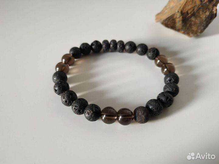 Новый мужской браслет камень лава раухтопаз черный