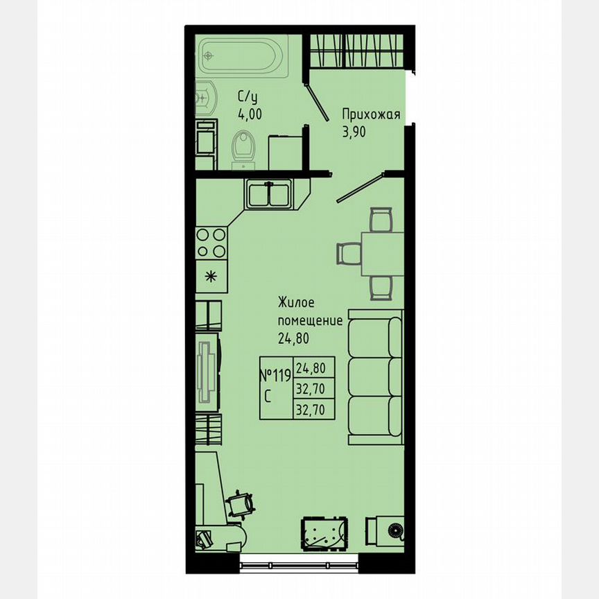 Квартира-студия, 32,7 м², 5/8 эт.