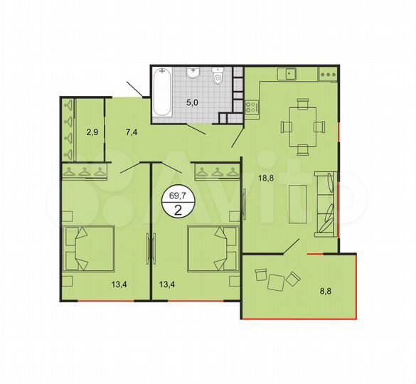 2-к. квартира, 69,7 м², 14/19 эт.