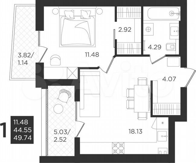 1-к. квартира, 44,5 м², 4/4 эт.