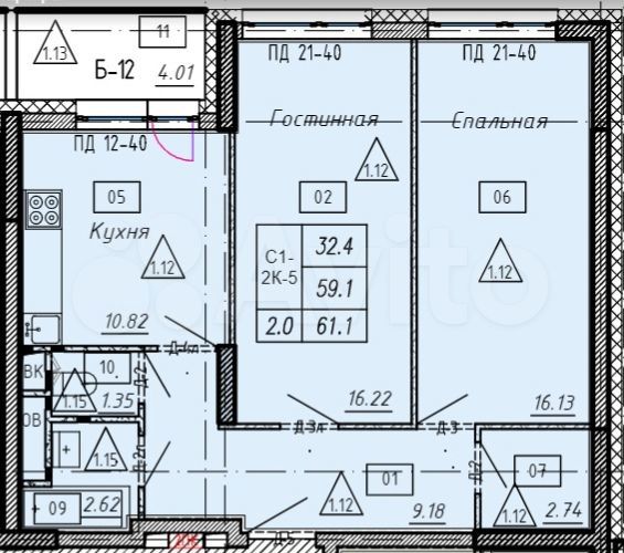 2-к. квартира, 61,1 м², 13/25 эт.