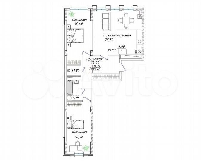 3-к. квартира, 81,4 м², 2/8 эт.