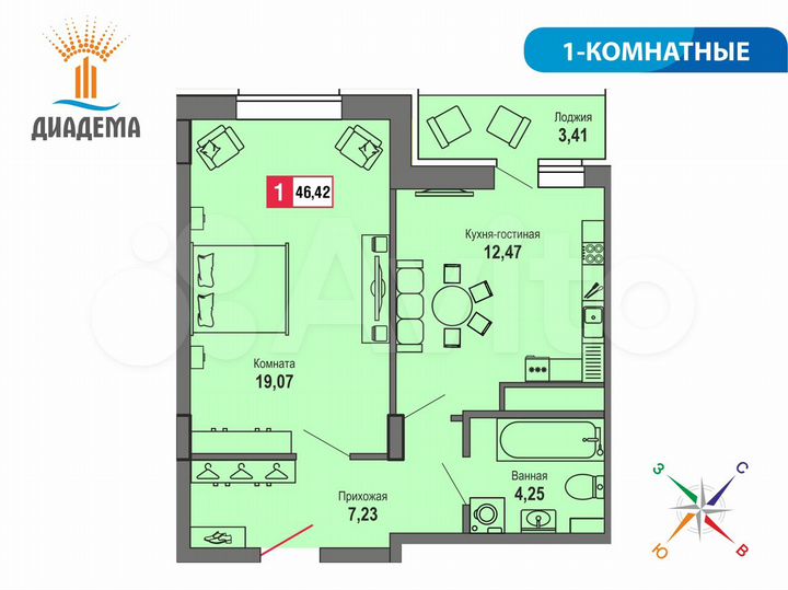 1-к. квартира, 46,4 м², 13/22 эт.