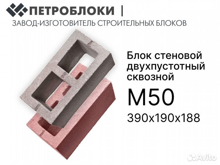 Блок стеновой М50 двухпустотный