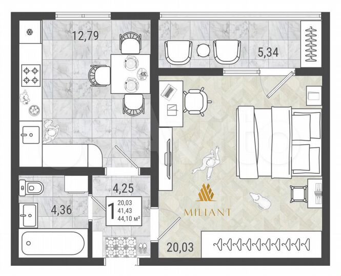 1-к. квартира, 44,1 м², 5/9 эт.