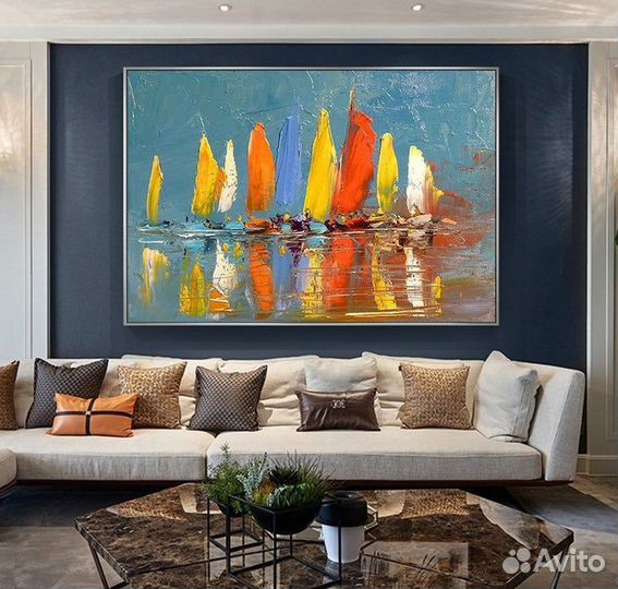 Картины маслом для интерьера с лодками Яхты в море