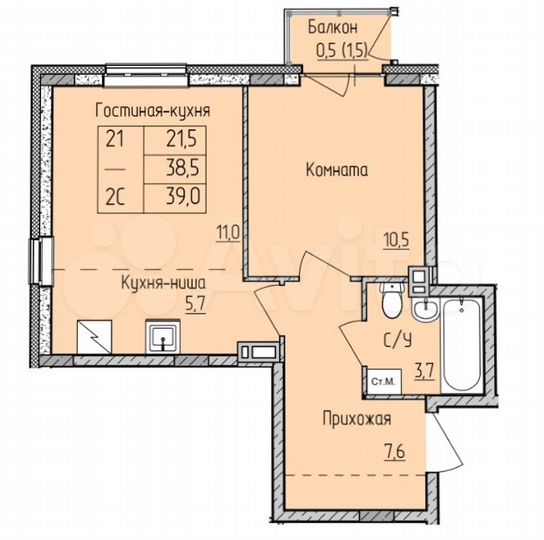 2-к. квартира, 39 м², 2/4 эт.
