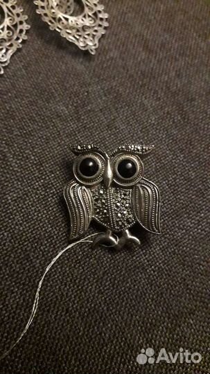 Серьги, брошь сова, серебро, 925