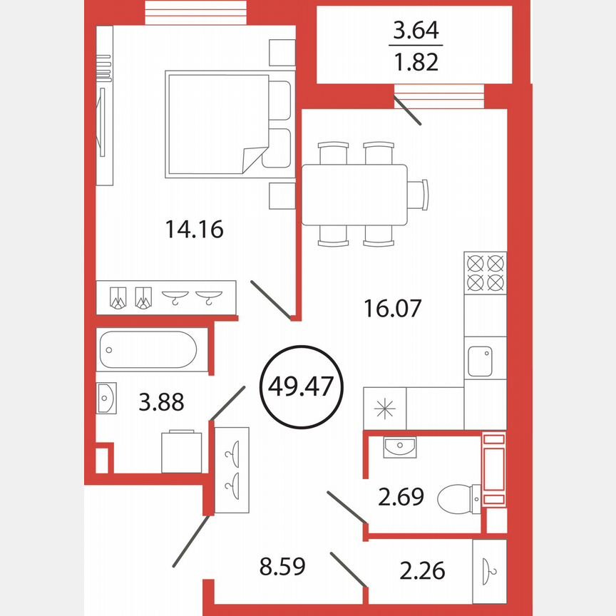 1-к. квартира, 49,5 м², 7/12 эт.