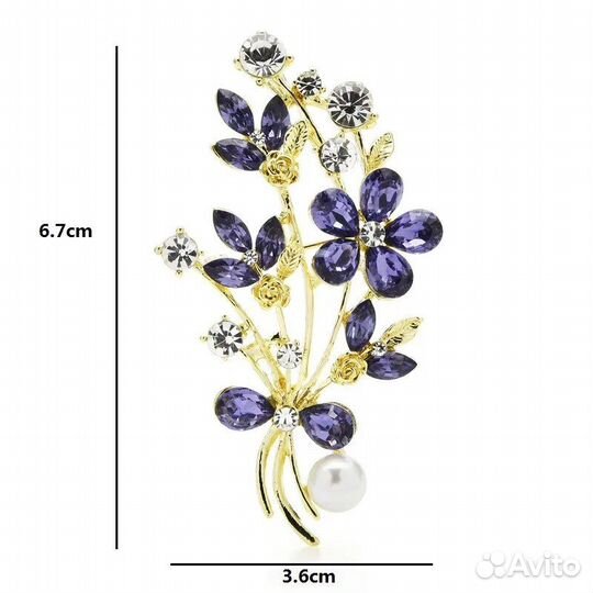 Брошь 2в1 Сапфировый букет кристаллы жемчуг