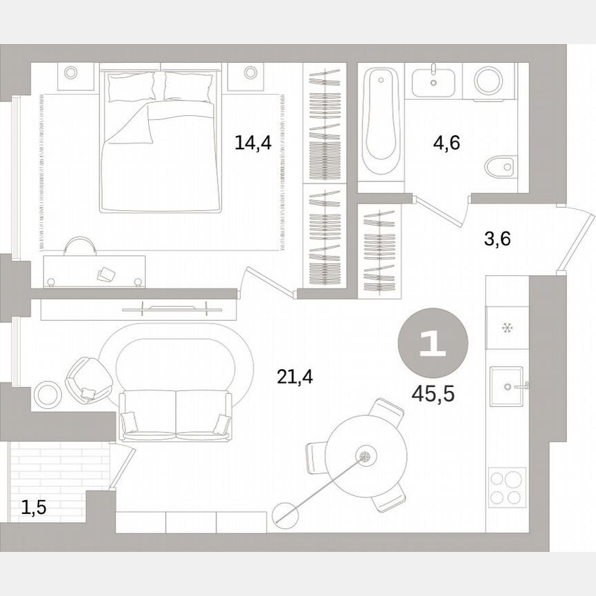 1-к. квартира, 45,1 м², 6/16 эт.