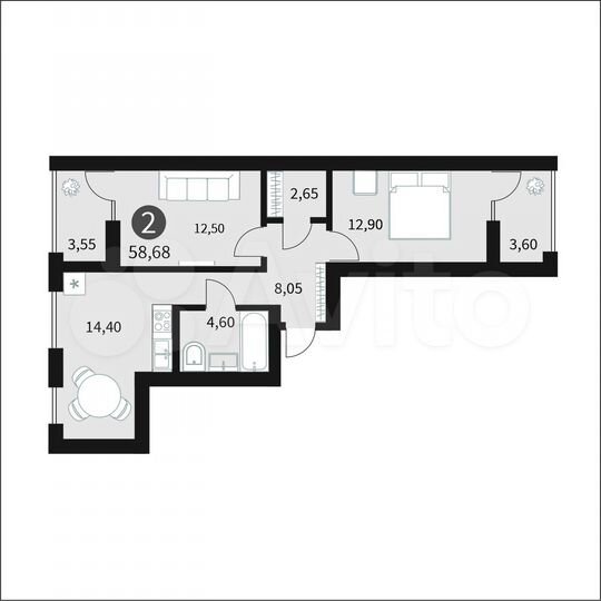 2-к. квартира, 58 м², 9/15 эт.