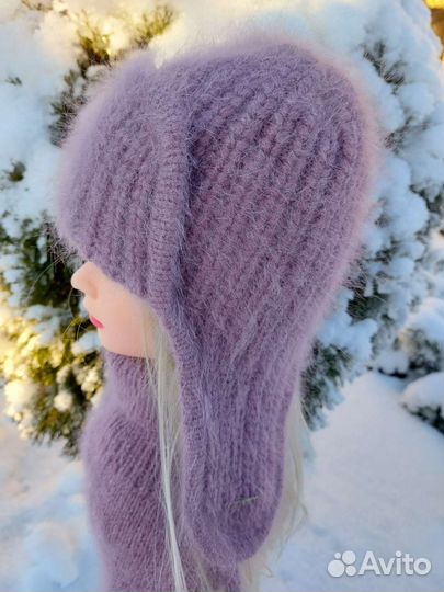 Шапка ушанка вязаная из пуха норки Варежки Снуд