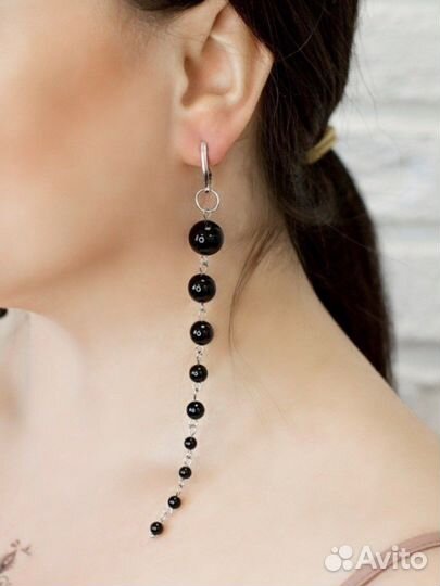 Серьги длинные серебро натуральный черный агат