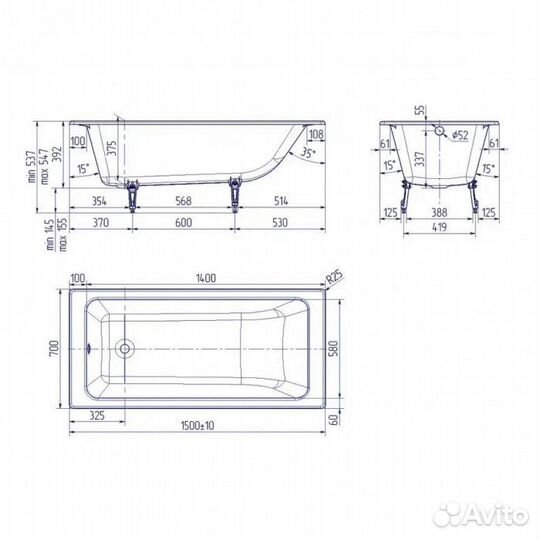 Ванна чугунная Delice Parallel 150х70 с ручками DL