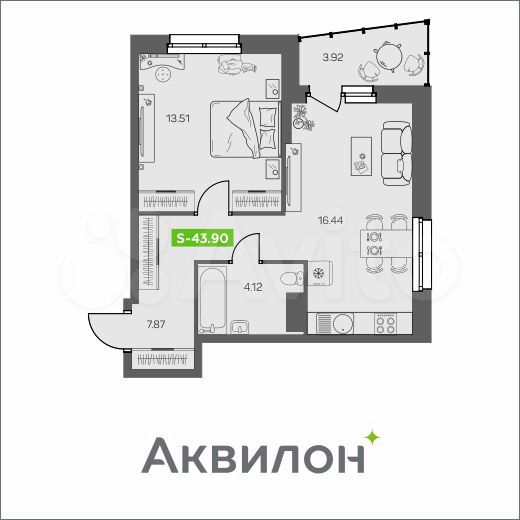 1-к. квартира, 43,9 м², 8/8 эт.
