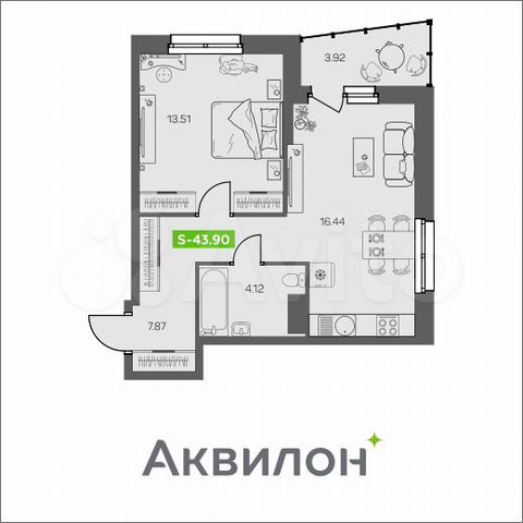 1-к. квартира, 43,9 м², 8/8 эт.