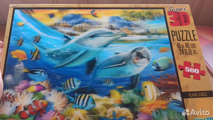 Пазл 3D дельфины, закат на острове