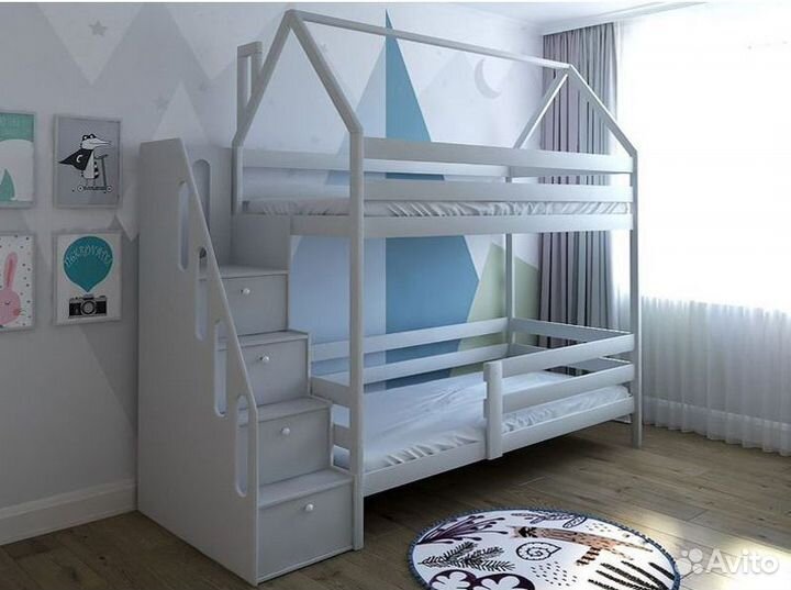 Двухъярусная детская кровать домик с лестницей ком