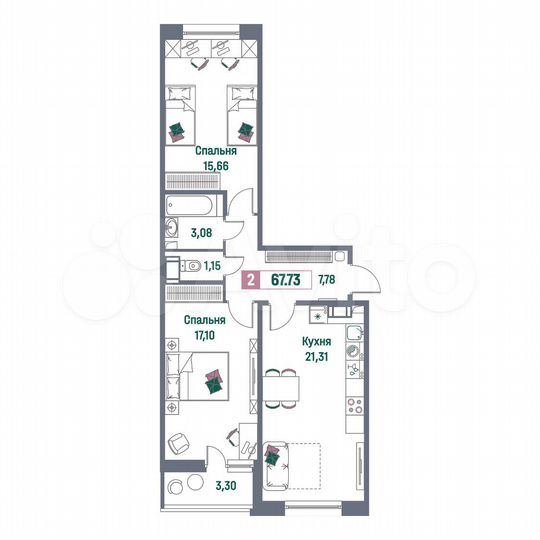 2-к. квартира, 67,7 м², 10/16 эт.